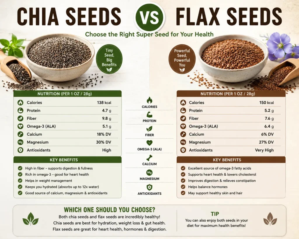 Chia seeds vs flax seeds comparison chart showing nutrition facts, fiber, omega-3, protein, and health benefits.