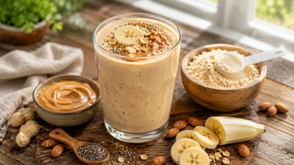 Creamy peanut butter protein smoothie made with banana, peanut butter, chia seeds, and protein powder for healthy weight loss.