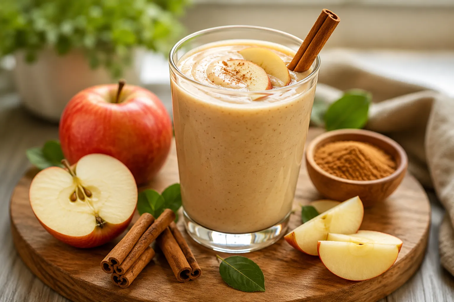 Creamy apple cinnamon smoothie in a glass with fresh apples and cinnamon sticks on a wooden board.
