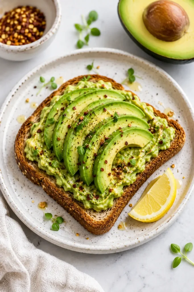 Avocado toast on whole grain bread topped with fresh avocado slices and seasonings
