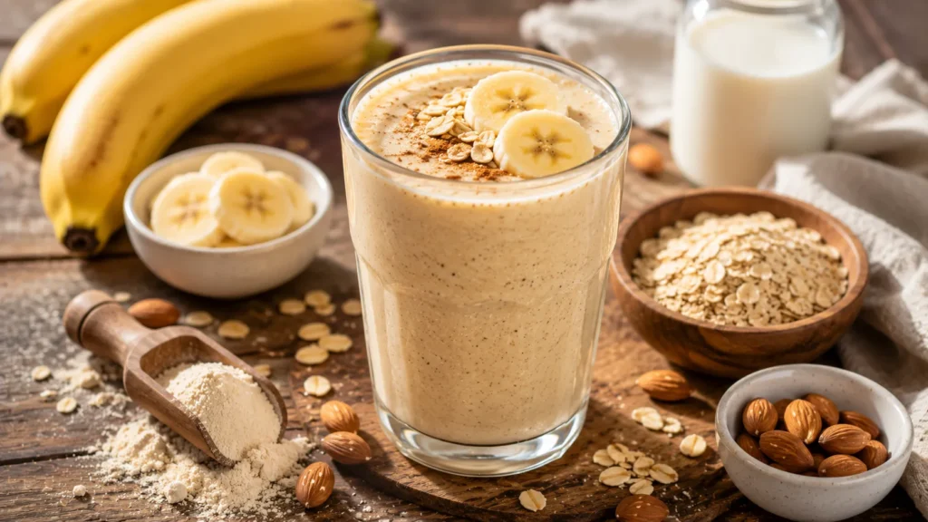 Creamy banana oat protein smoothie made with banana, oats, almond milk, and protein powder for healthy weight loss.