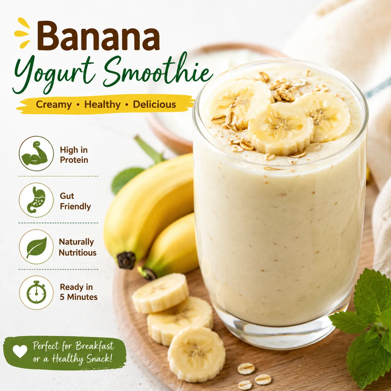 Creamy Banana Yogurt Smoothie made with ripe bananas, Greek yogurt, and oats in a glass, perfect for a healthy breakfast or protein-rich snack.