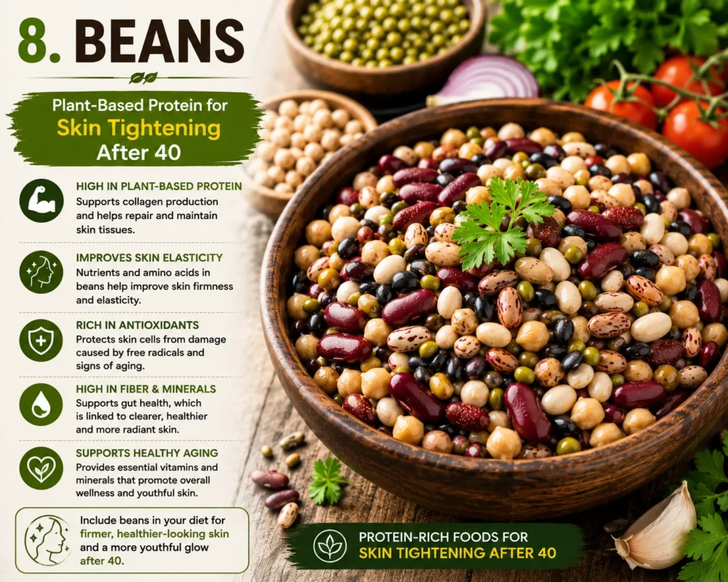 A bowl of mixed beans, a protein-rich food for skin tightening after 40 that supports collagen production and skin elasticity.