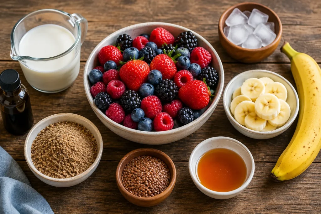 Ingredients for a Berry and Flax Smoothie including mixed berries, flaxseeds, banana, almond milk, honey, and ice cubes.