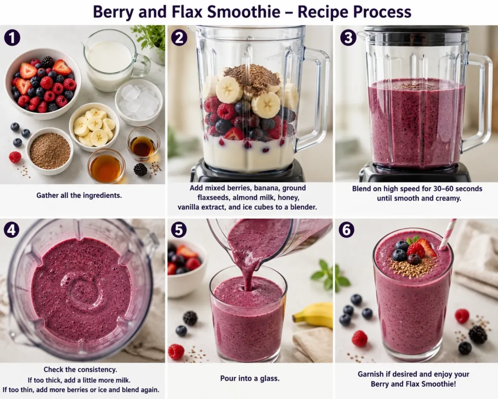 Ingredients for a Berry and Flax Smoothie including mixed berries, flaxseeds, banana, almond milk, honey, and ice cubes.