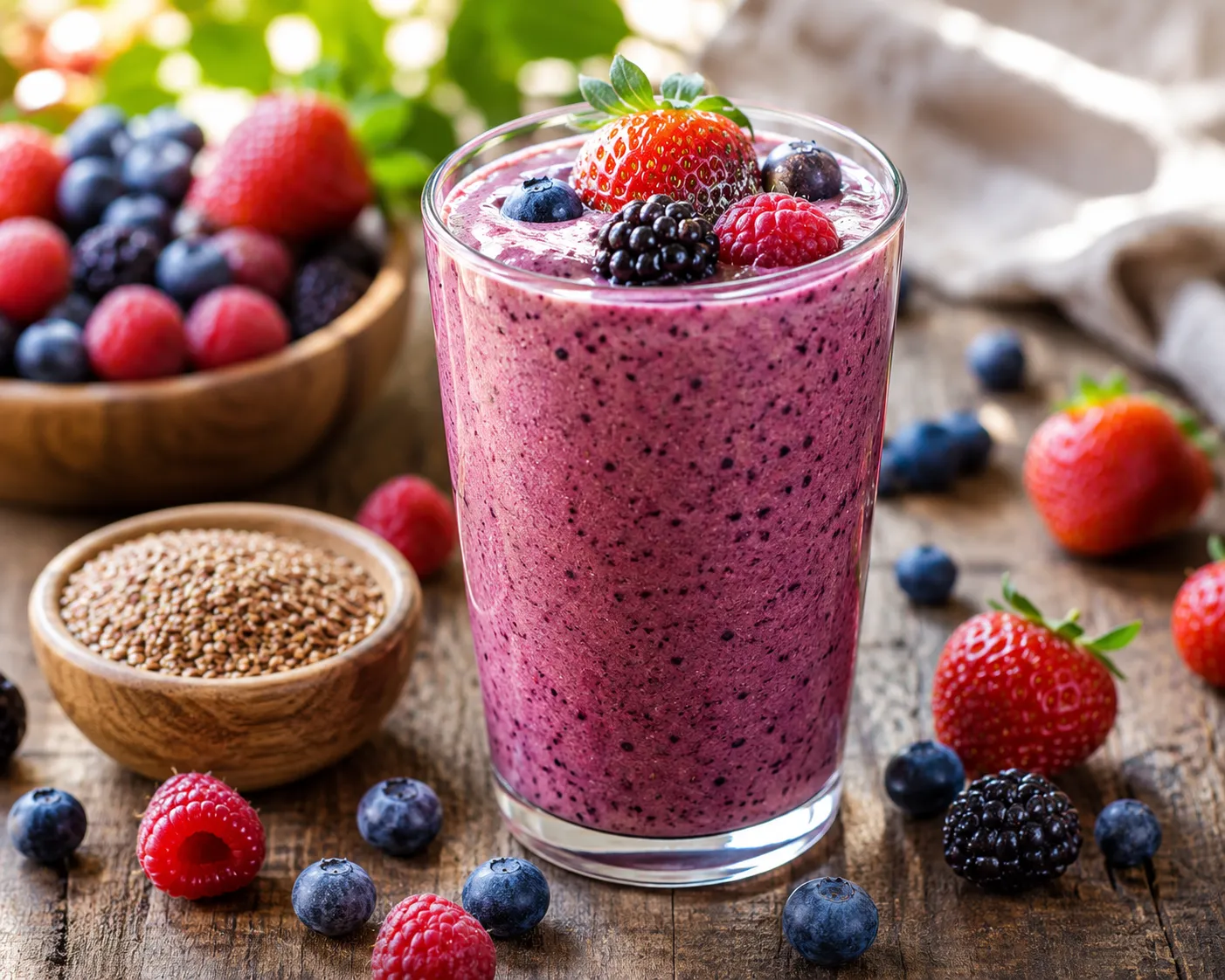 Berry and Flax Smoothie made with mixed berries and ground flaxseeds in a glass.