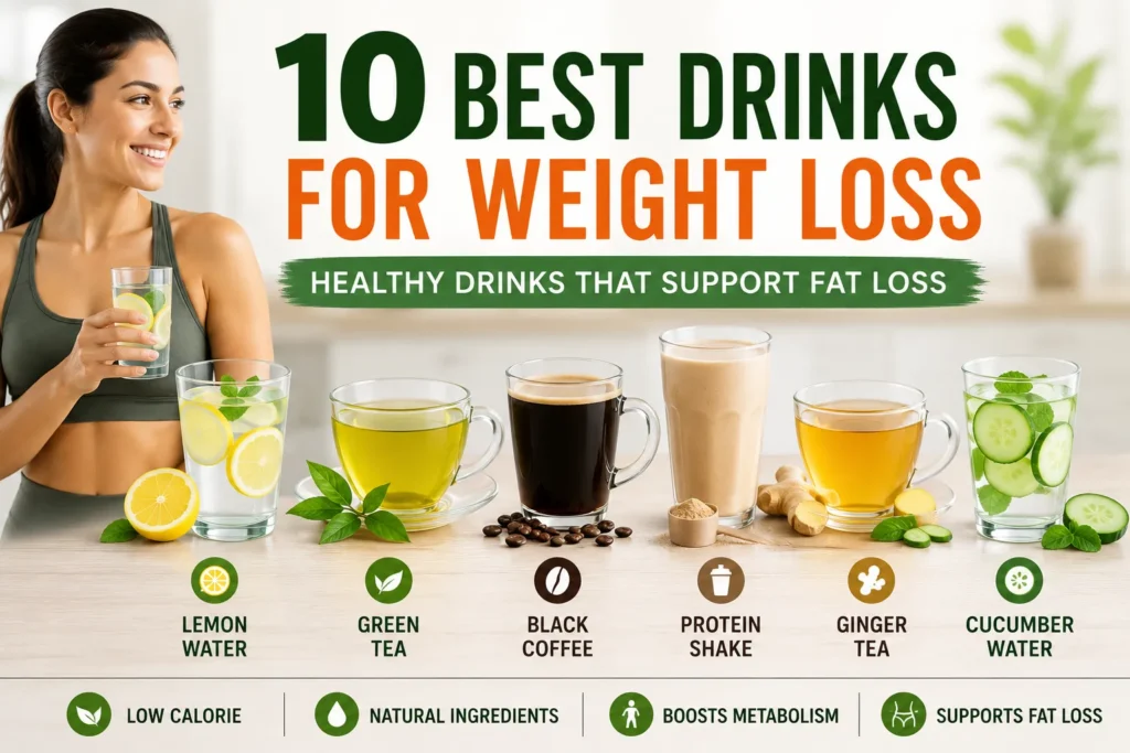 Best drinks for weight loss including lemon water green tea black coffee protein shake ginger tea and cucumber water