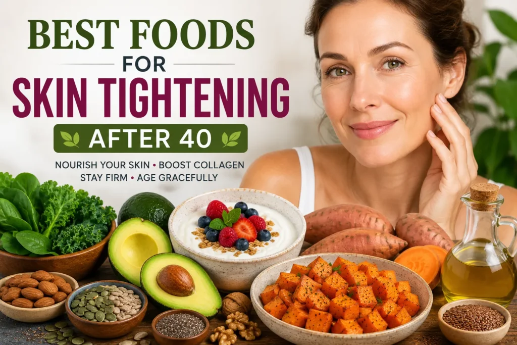 Best foods for skin tightening after 40 including avocado berries yogurt leafy greens and sweet potatoes