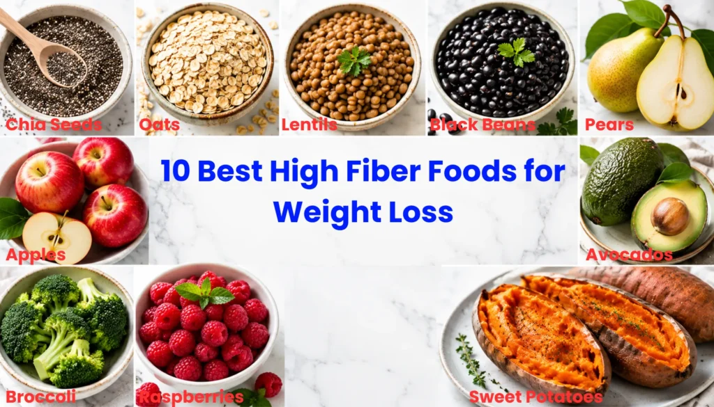 10 best high fiber foods for weight loss including chia seeds oats lentils black beans pears apples avocados broccoli raspberries and sweet potatoes