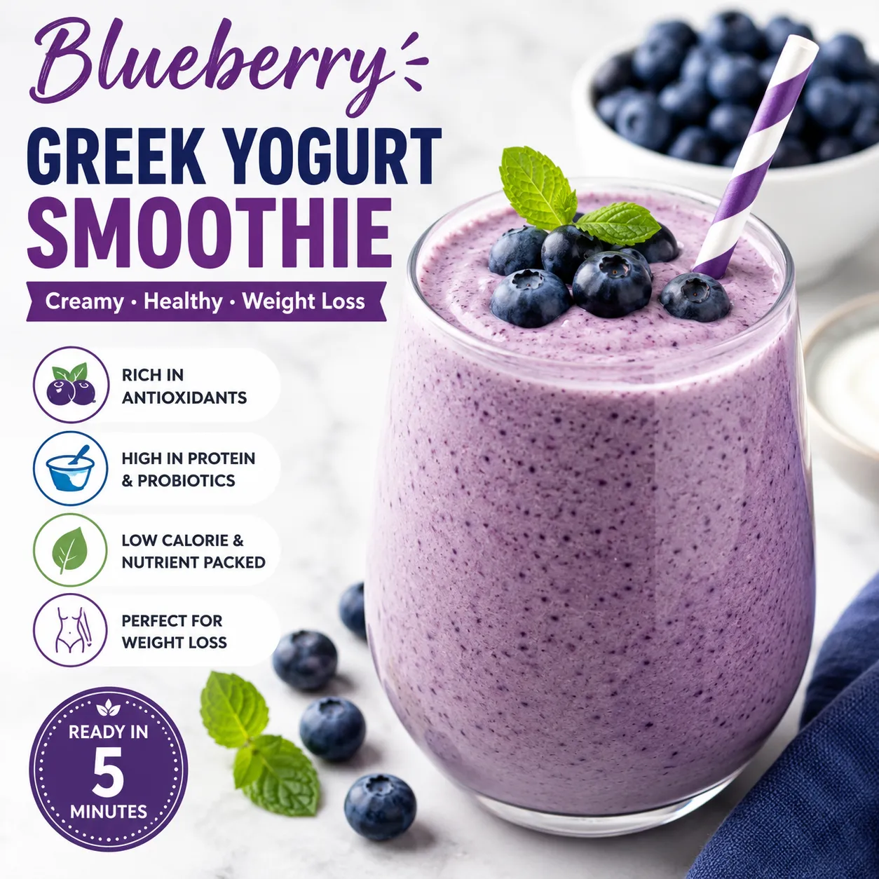 Creamy Blueberry Greek Yogurt Smoothie made with fresh blueberries, Greek yogurt, and almond milk for a healthy breakfast or weight loss smoothie.