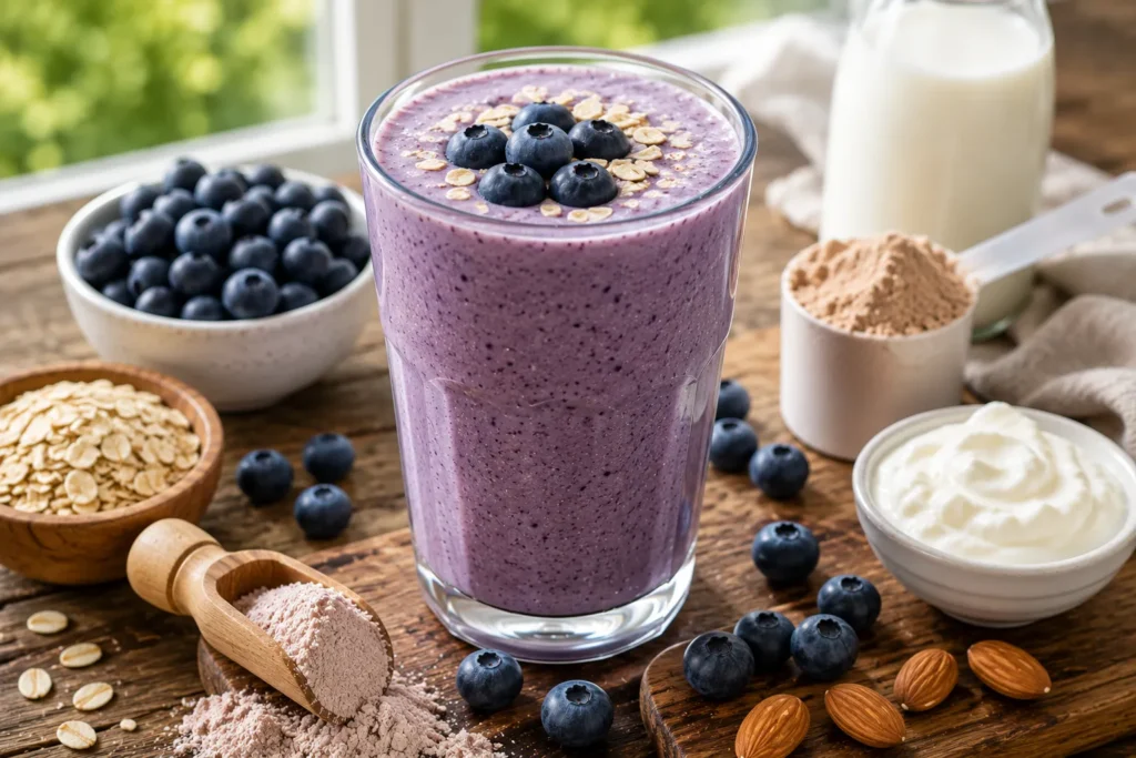 Creamy blueberry protein smoothie made with blueberries, Greek yogurt, oats, almond milk, and protein powder for healthy weight loss.