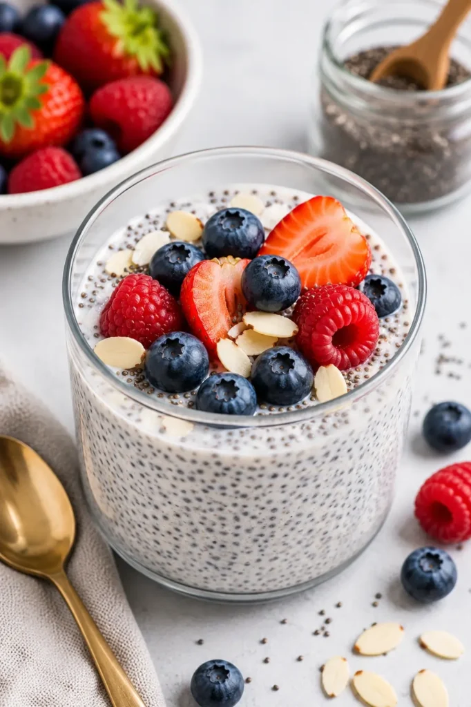 Chia seed pudding topped with fresh berries, almonds, and chia seeds