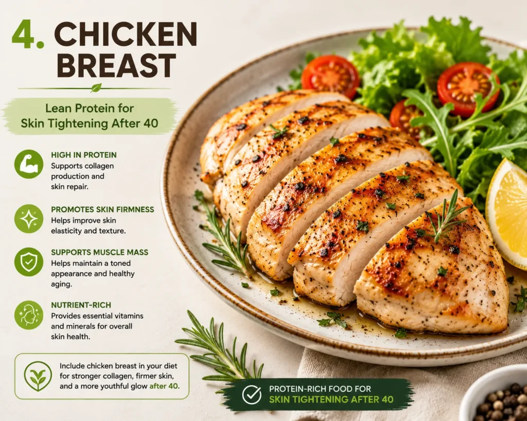 Grilled chicken breast, a lean protein-rich food for skin tightening after 40 that supports collagen production and skin elasticity.
