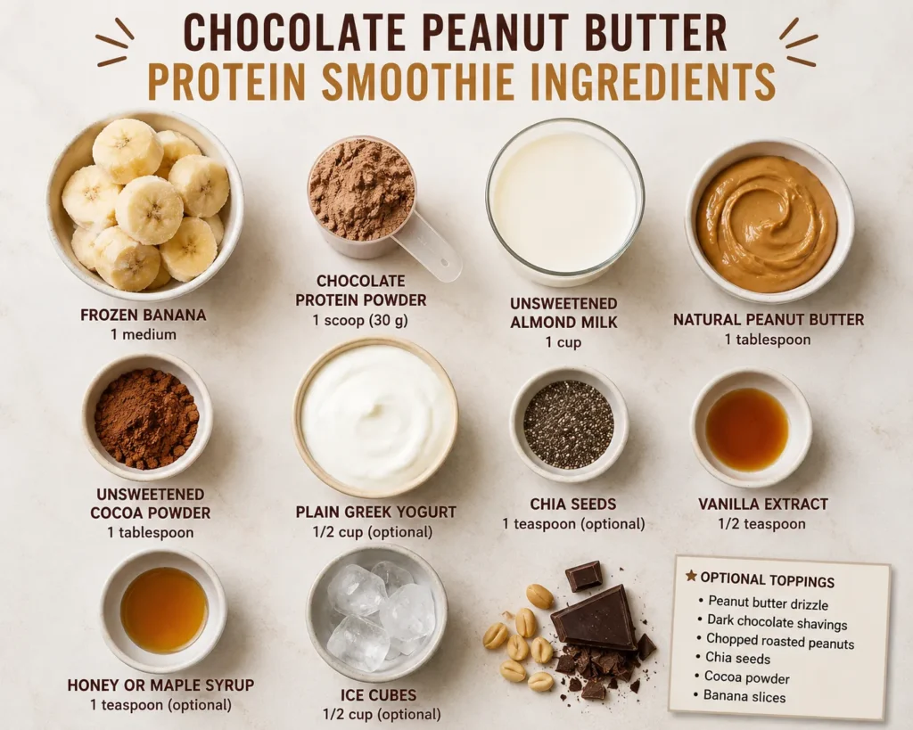 Ingredients for a Chocolate Peanut Butter Protein Smoothie including banana, chocolate protein powder, peanut butter, almond milk, Greek yogurt, cocoa powder, chia seeds, vanilla extract, and honey.
