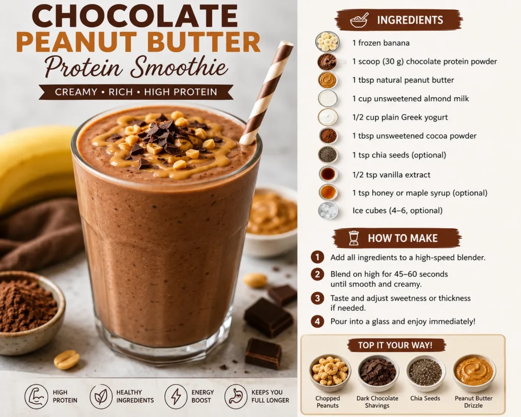 Chocolate Peanut Butter Protein Smoothie recipe card showing ingredients, step-by-step instructions, and healthy topping ideas for a high-protein breakfast smoothie.