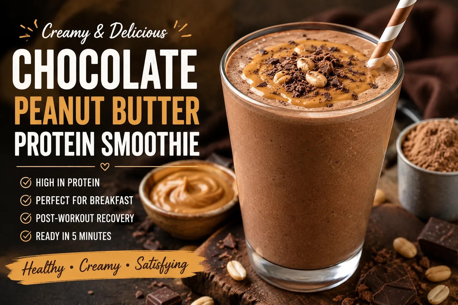 Creamy chocolate peanut butter protein smoothie topped with peanut butter and dark chocolate, served as a healthy high-protein breakfast and post-workout drink.