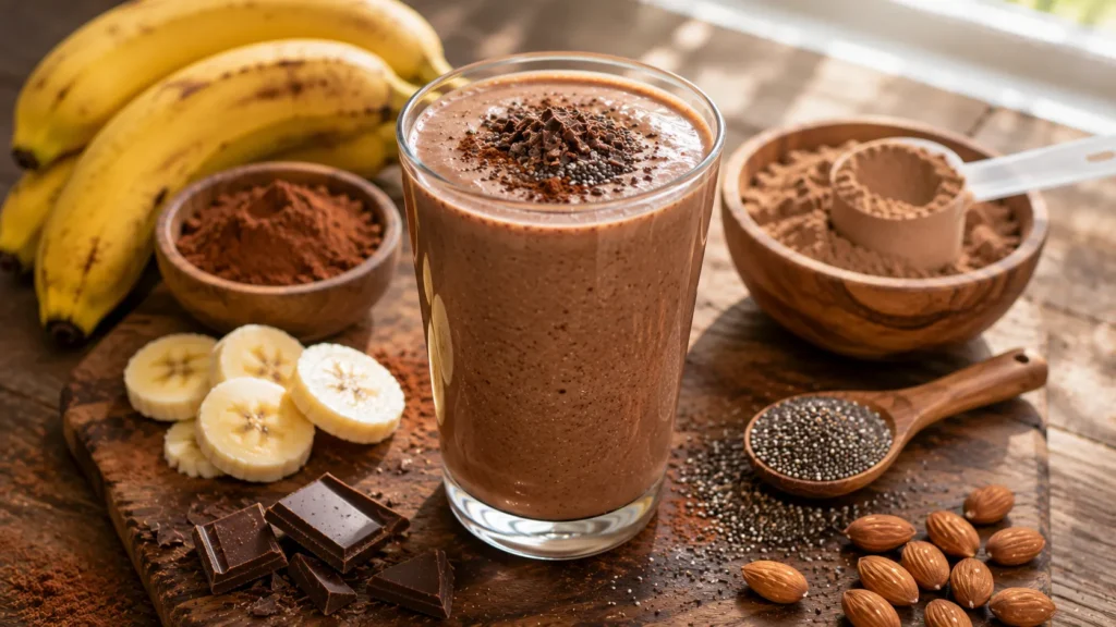 Creamy chocolate protein smoothie made with cocoa powder, banana, chia seeds, and protein powder for healthy weight loss.