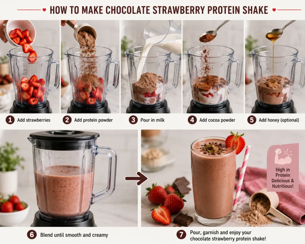 Ingredients for a chocolate strawberry protein shake including strawberries, chocolate protein powder, milk, cocoa powder, banana, honey, and ice cubes.