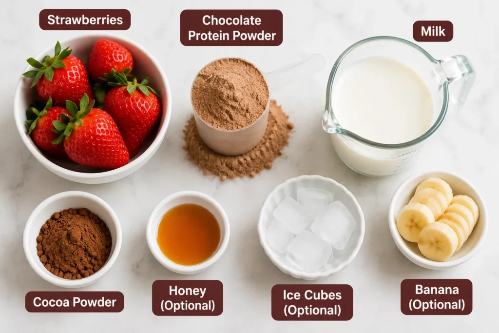 Ingredients for a chocolate strawberry protein shake including strawberries, chocolate protein powder, milk, cocoa powder, banana, honey, and ice cubes.