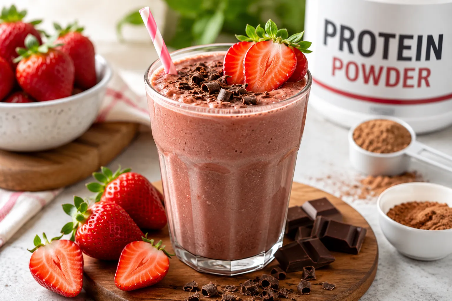 Chocolate strawberry protein shake made with fresh strawberries, cocoa, and protein powder in a glass.