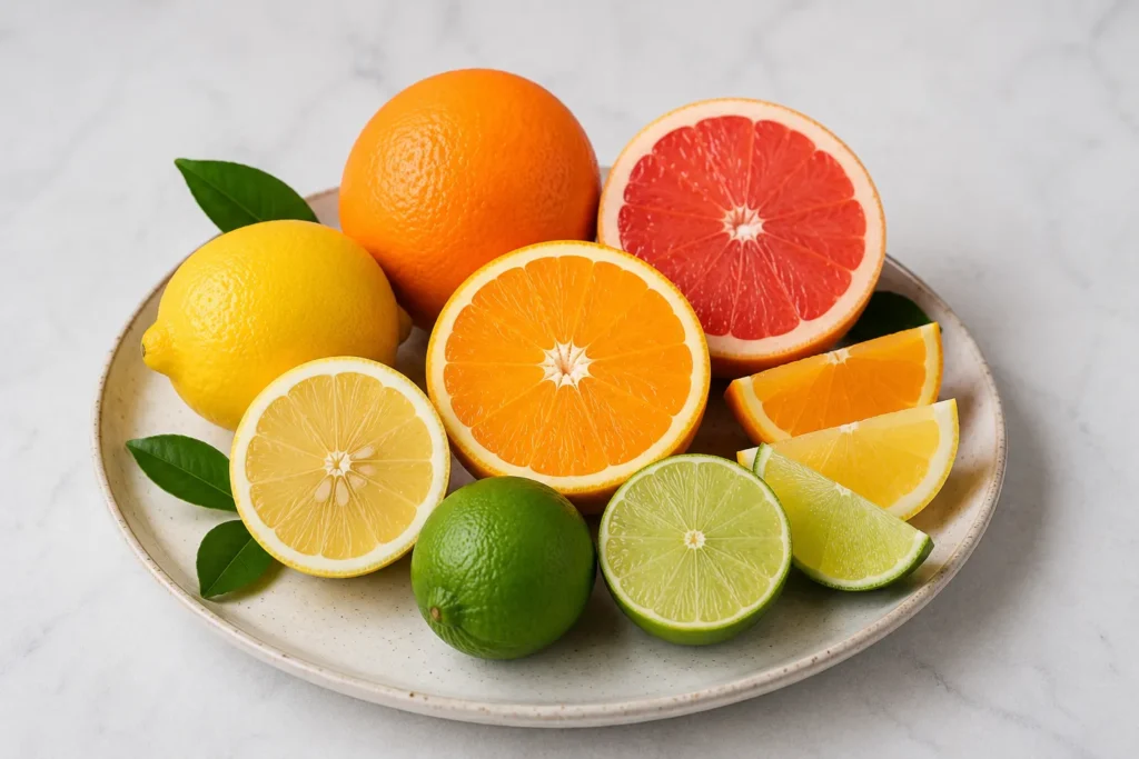 Citrus fruits rich in vitamin C for collagen production and skin tightening after 40