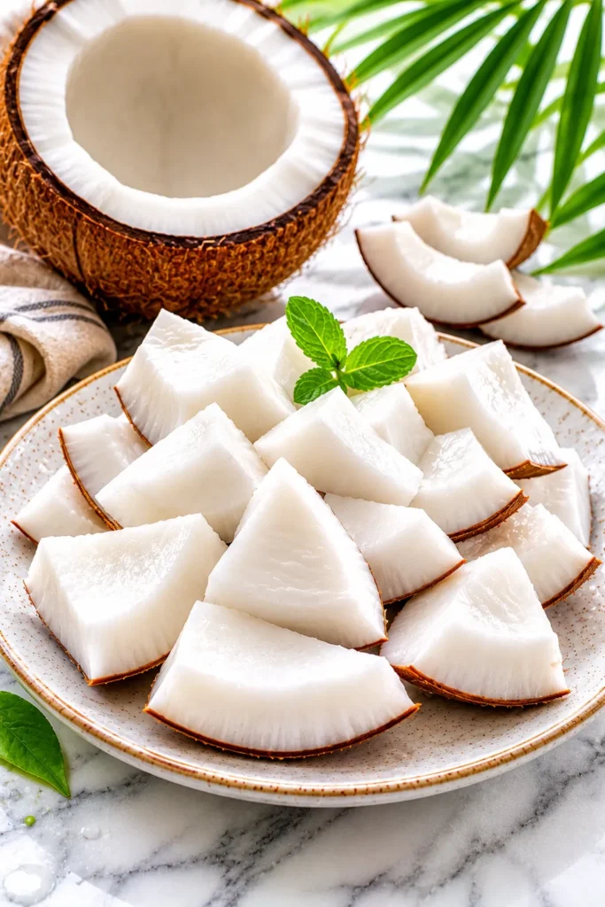 Fresh coconut meat as a high calorie fruit that may slow weight loss when eaten in excess