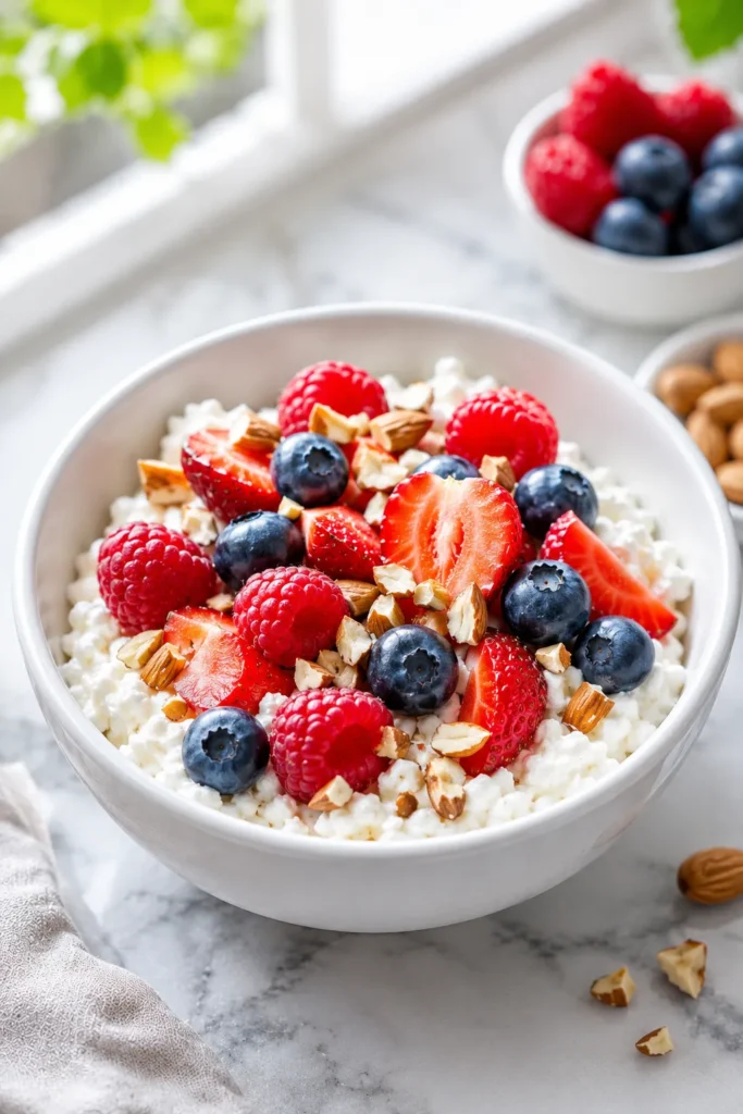 Cottage cheese bowl with berries and almonds high protein snack for weight loss