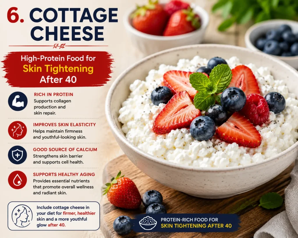 A bowl of cottage cheese topped with fresh berries, a protein-rich food for skin tightening after 40 that supports collagen production and skin elasticity.