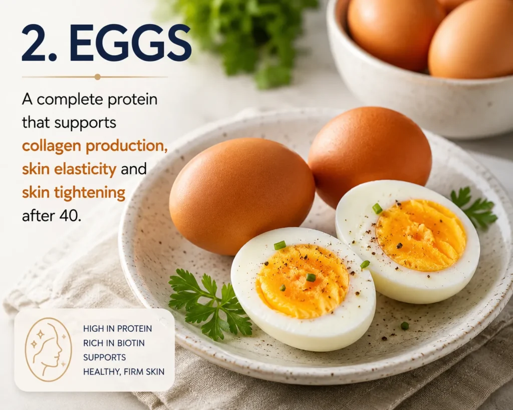 Eggs for skin tightening after 40, a protein-rich food that supports collagen production and skin elasticity.