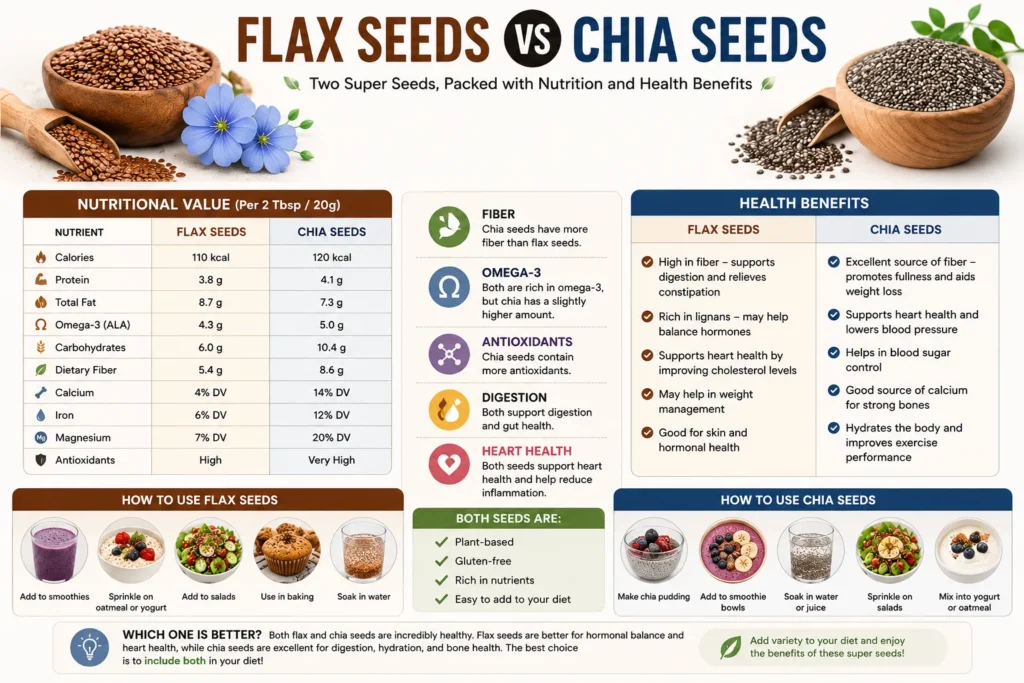 Flax seeds vs chia seeds nutrition and health benefits comparison