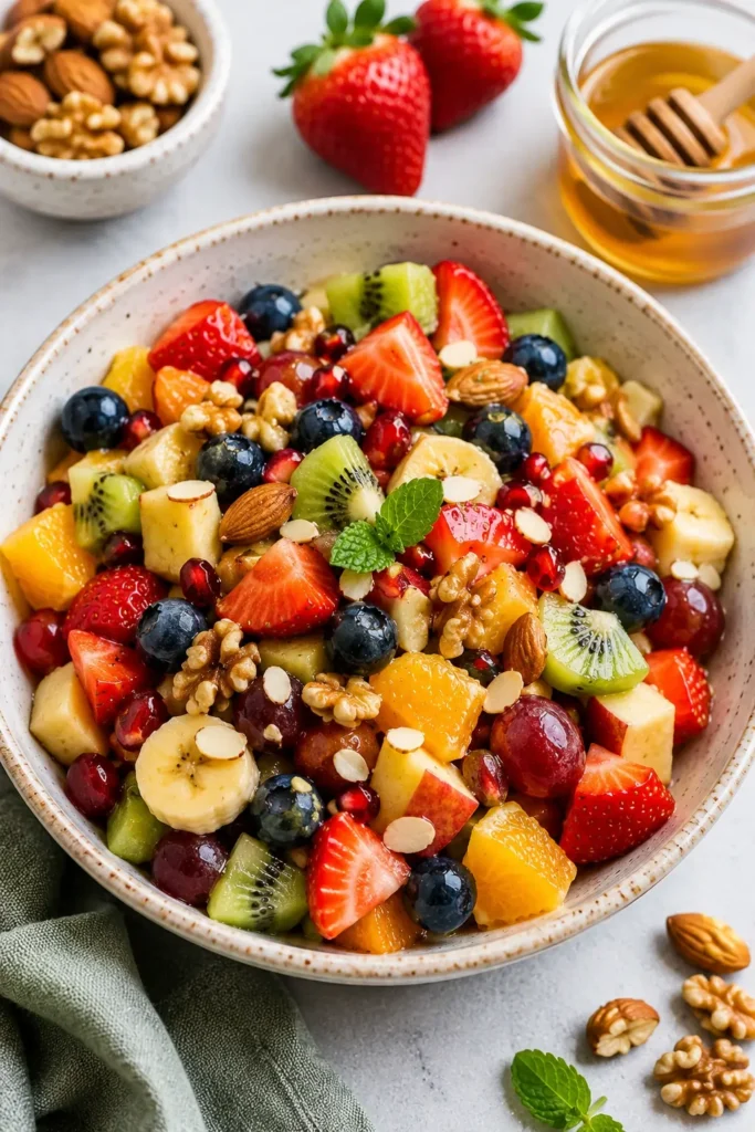 Fresh fruit salad with strawberries, kiwi, grapes, blueberries, and mixed nuts