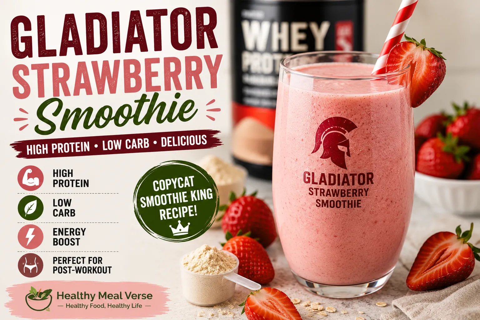 Creamy Gladiator Strawberry Smoothie made with strawberries, vanilla protein powder, Greek yogurt, and almond milk. A high-protein, low-carb smoothie perfect for breakfast and post-workout recovery.