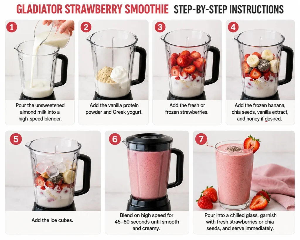 Step-by-step guide showing how to make a Gladiator Strawberry Smoothie with almond milk, vanilla protein powder, Greek yogurt, strawberries, banana, chia seeds, ice cubes, blending, and serving.