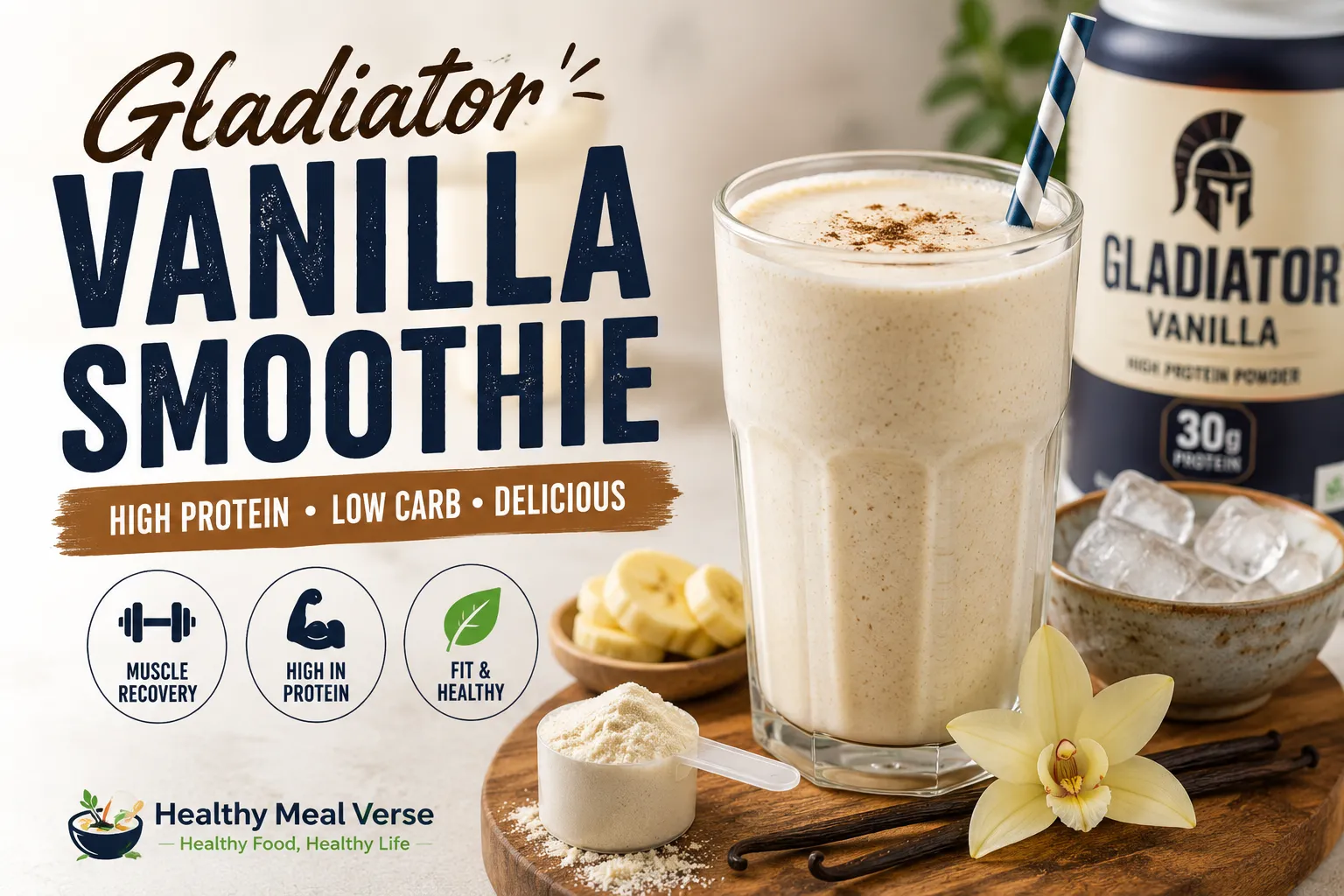 Creamy Gladiator Vanilla Smoothie made with vanilla protein powder, banana, and almond milk for a healthy high-protein breakfast.