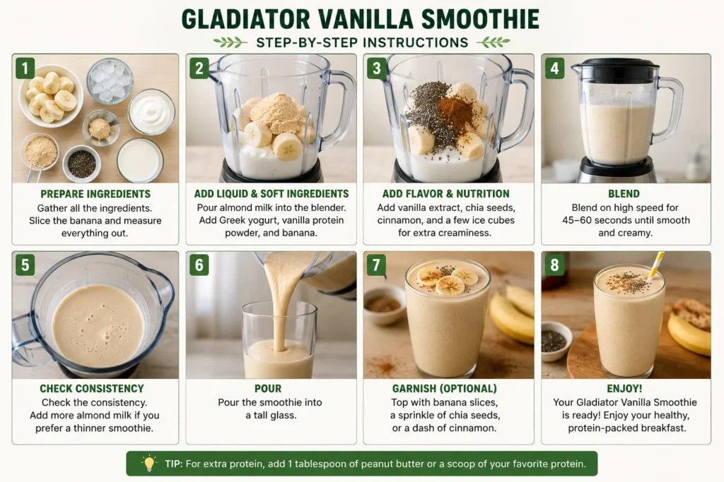 Step-by-step guide showing how to make a Gladiator Vanilla Smoothie with banana, vanilla protein powder, Greek yogurt, almond milk, chia seeds, and cinnamon.