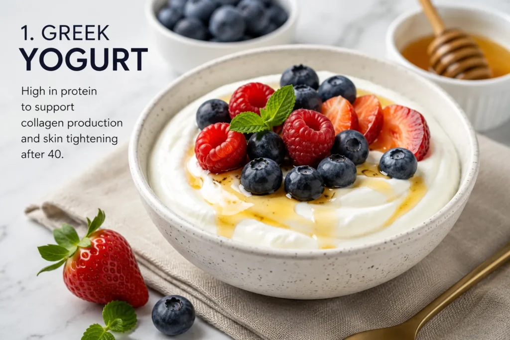 Greek yogurt for skin tightening after 40, a protein-rich food that supports collagen production and skin elasticity.