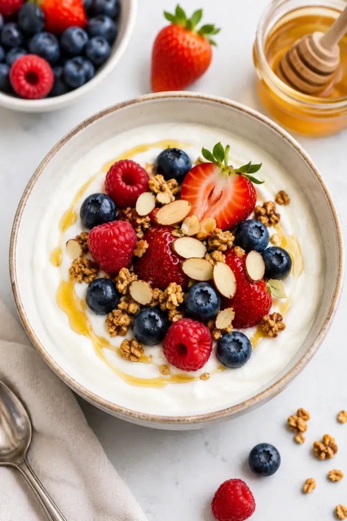 Greek yogurt with fresh berries, granola, sliced almonds, and honey
