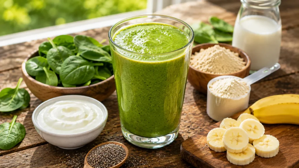 Creamy green protein smoothie made with spinach, banana, Greek yogurt, chia seeds, almond milk, and protein powder for healthy weight loss.