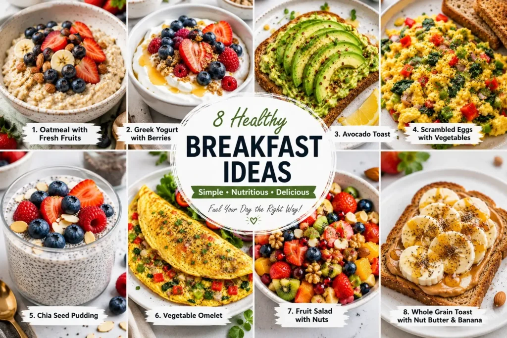 8 healthy breakfast ideas including oatmeal, Greek yogurt, avocado toast, smoothie bowl, eggs, and fruit salad