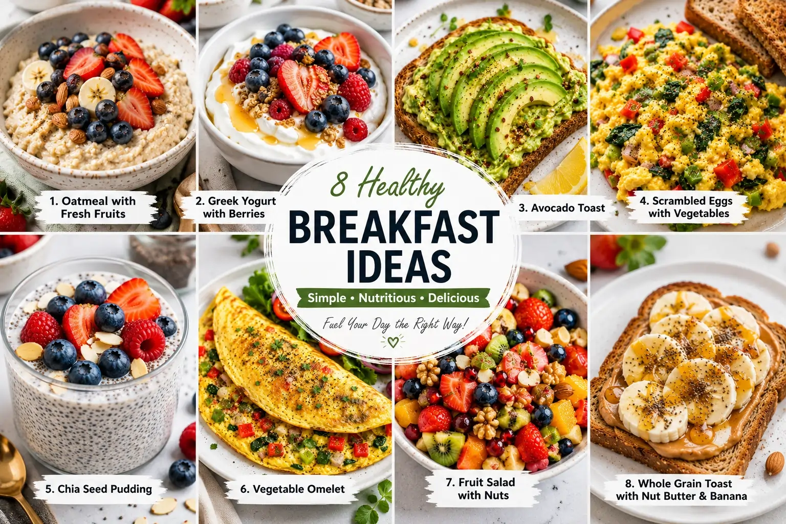 8 healthy breakfast ideas including oatmeal, Greek yogurt, avocado toast, smoothie bowl, eggs, and fruit salad