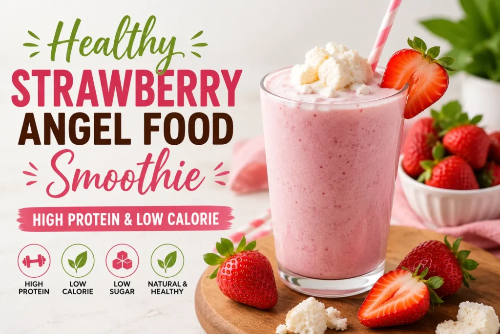 Healthy Strawberry Angel Food Smoothie made with fresh strawberries, Greek yogurt, and protein-rich ingredients in a glass.
