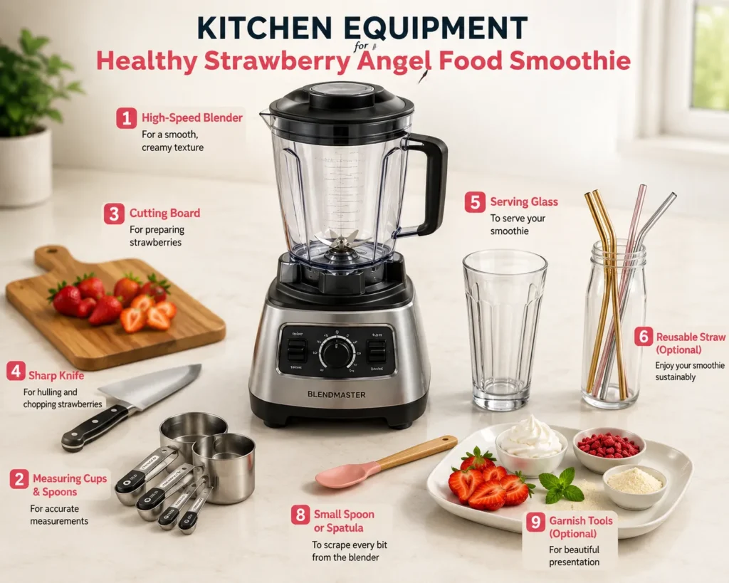 Kitchen equipment needed to make a Healthy Strawberry Angel Food Smoothie including a high-speed blender, measuring cups, cutting board, knife, serving glass, reusable straw, spatula, and garnish tools.