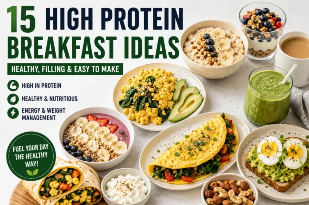 15 high protein breakfast ideas including eggs, smoothies, yogurt, oatmeal, and healthy breakfast foods