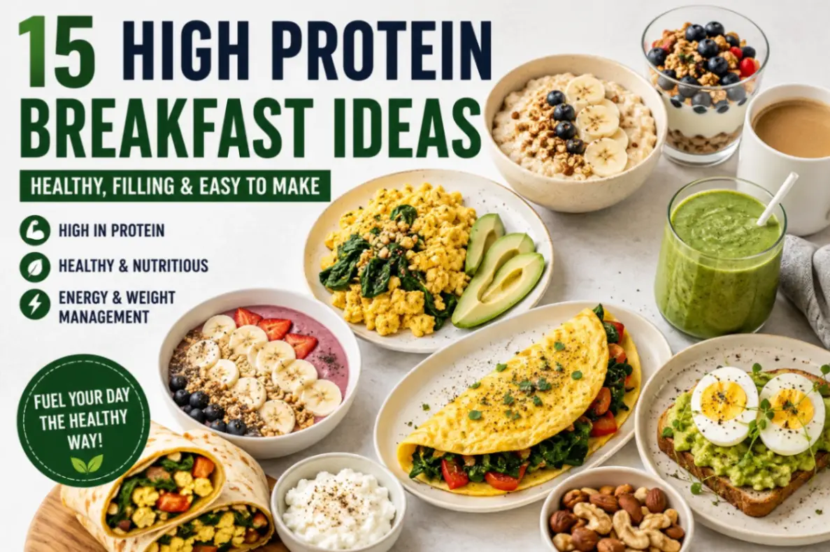 15 high protein breakfast ideas including eggs, smoothies, yogurt, oatmeal, and healthy breakfast foods