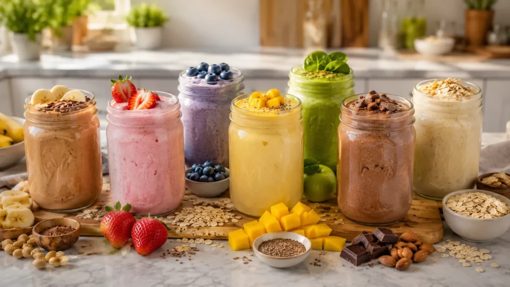 Seven high protein smoothies for weight loss made with fruits, yogurt, oats, and protein-rich ingredients.