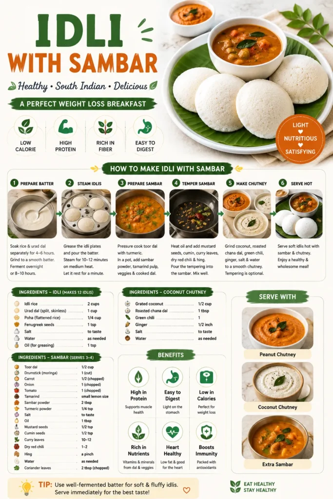 healthy idli with sambar breakfast recipe for weight loss and balanced nutrition