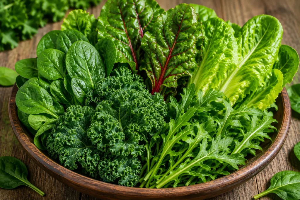 Leafy green vegetables rich in vitamins and antioxidants for skin tightening and healthy aging