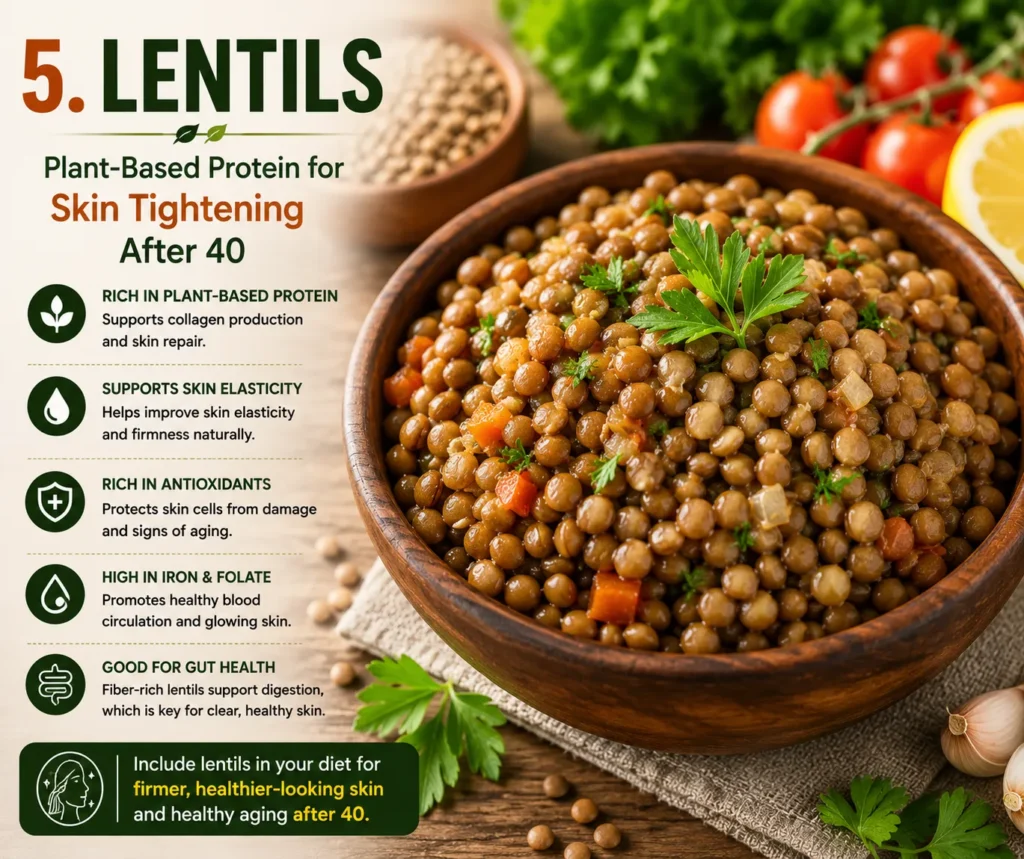 A bowl of cooked lentils, a plant-based protein-rich food for skin tightening after 40 that supports collagen production and skin elasticity.