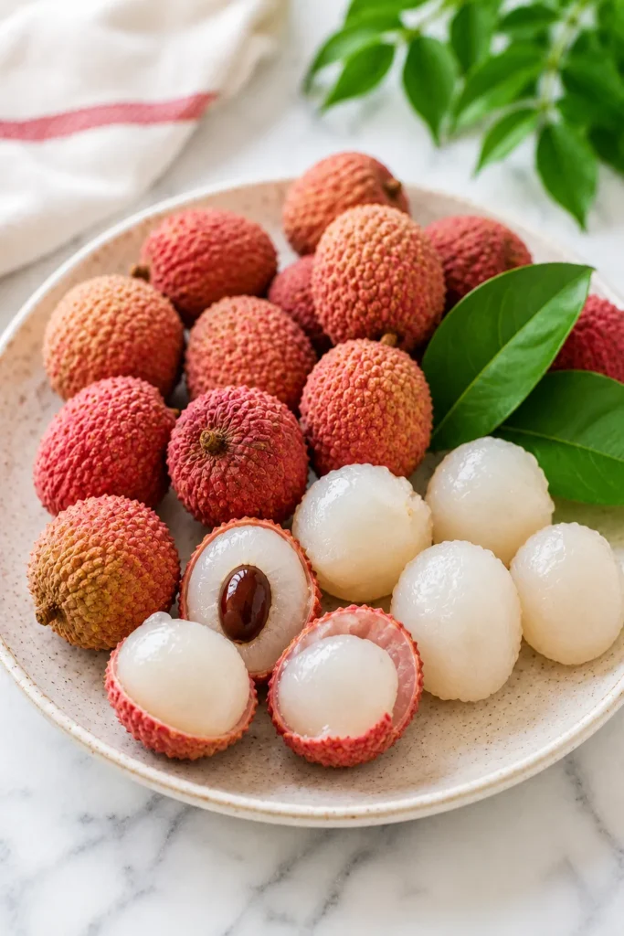 Fresh lychee fruit as a high sugar fruit that may require moderation for weight loss