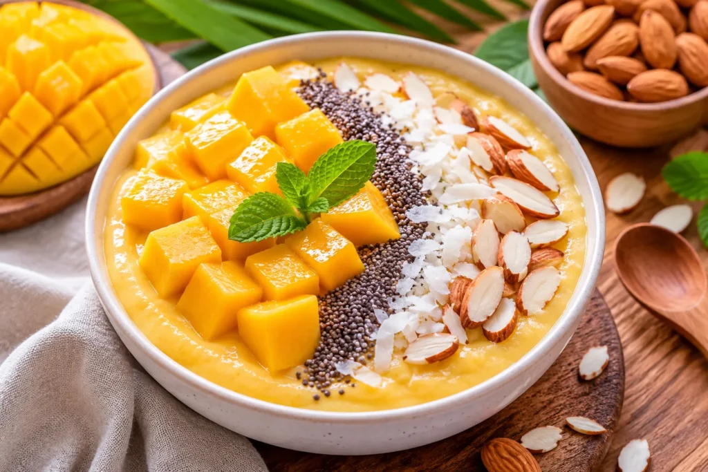 Creamy mango almond milk smoothie bowl topped with fresh mango chunks, sliced almonds, chia seeds, and coconut flakes.
